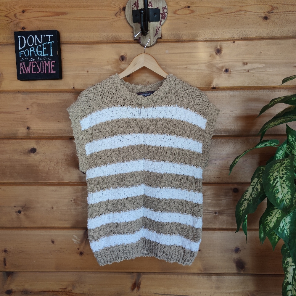 Yarnworks 💜 Vintage Striped Short Sleeve Sweater Top Knit  White‎ Brown Large